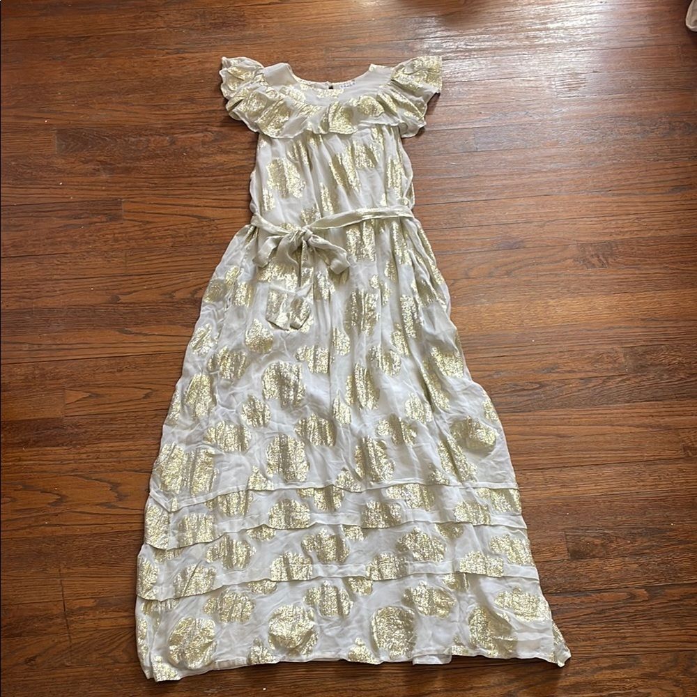 Saule Parc White and Gold Ruffle Maxi Dress